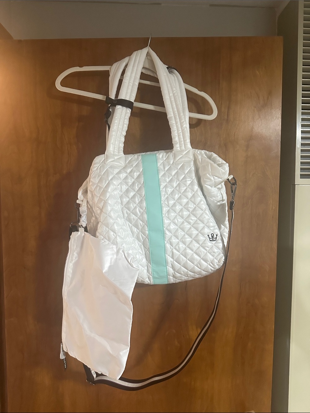 Oliver Thomas White Quilted Shoulder Bag with Mint Stripe